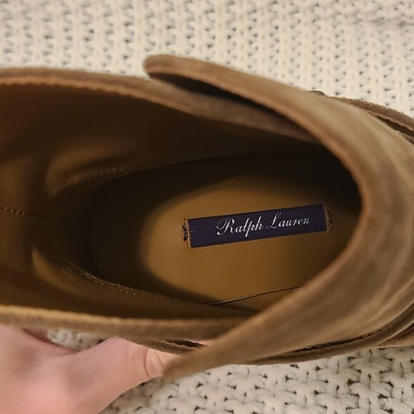 Ralph Lauren Purple Label Jensynn Calf-Suede Tan Heeled Bootie - Picture 10 of 11